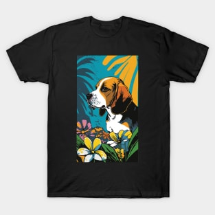 Beagle Dog Vibrant Tropical Flower Tall Retro Vintage Digital Pop Art Portrait 3 T-Shirt